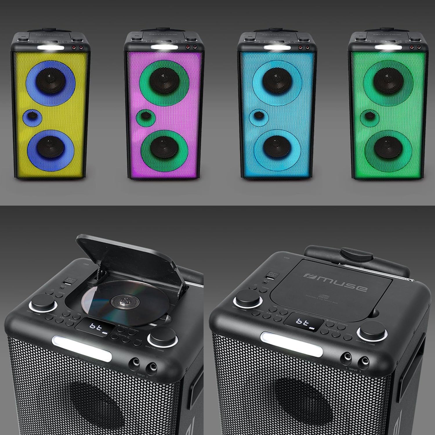 MUSE M-1928 DJ Trolley-Soundanlage, Komplett Beleuchtet mit Display, CD-Player und Radio, Akkubetrieben, mit Party-Licht-Effekten, Mobile Musikbox, Bluetooth Lautsprecher mit Mikrofon