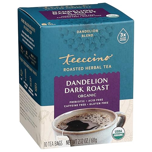 Miniatura 10 de Teeccino Té de diente de león, tostado oscuro, té de hierbas rico y tostado sin cafeína y prebiótico con raíz de diente de león desintoxicante, 10