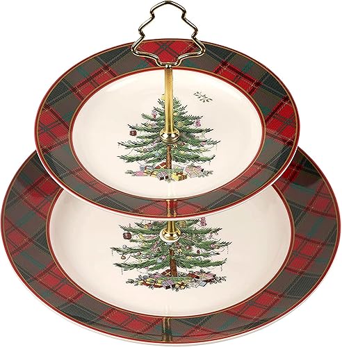 Spode Servidor de tartán de árbol de Navidad de 2 niveles, soporte para cupcakes navideños, juego de exhibición de postres, platos de barro, platos