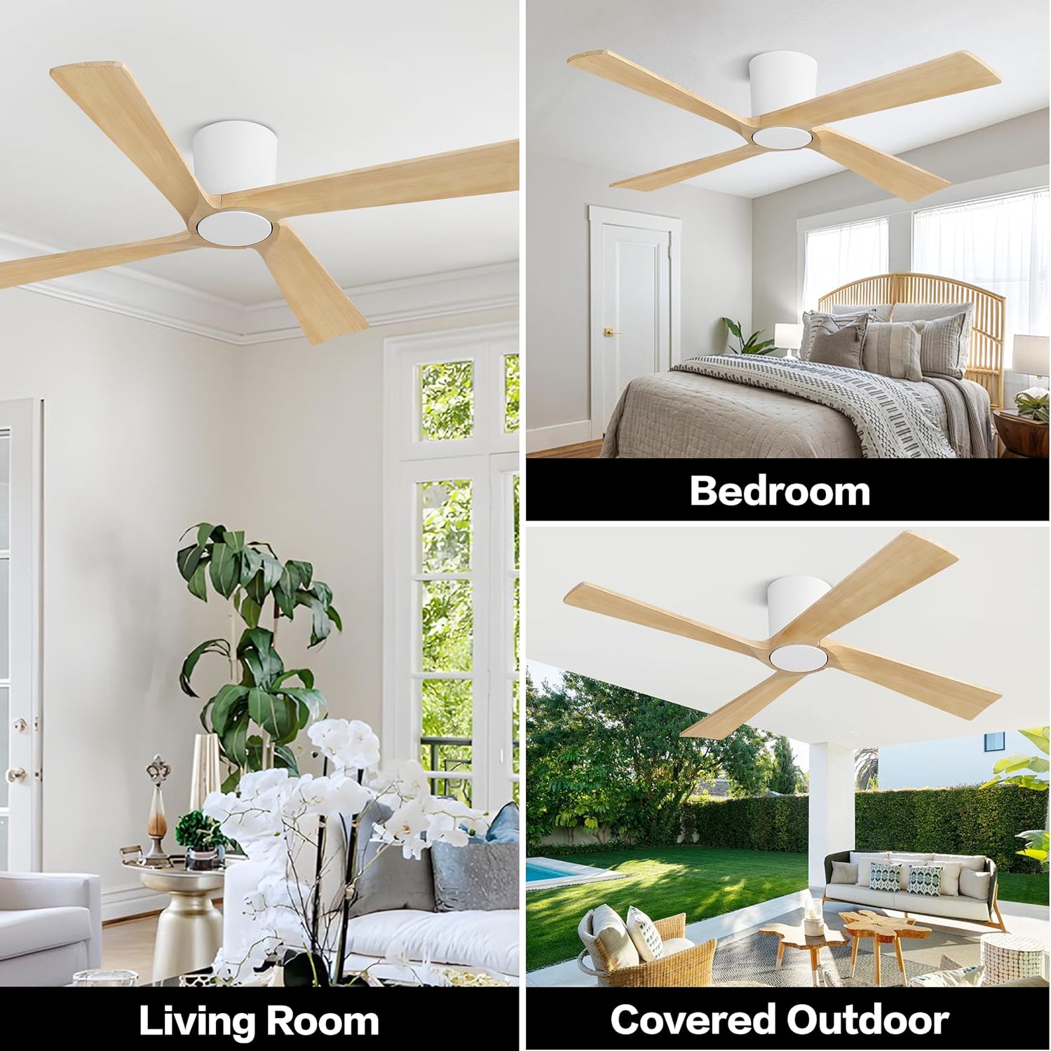 WINGBO 54 Inch Flush Mount DC Ceiling Fan Without Lights, 4 Carved Wood Blades, 6-Speed Reversible DC Motor, Low Profile Ceiling Fan No Lights for Indoor and Outdoor, Gloss White and Oak, ETL Listed