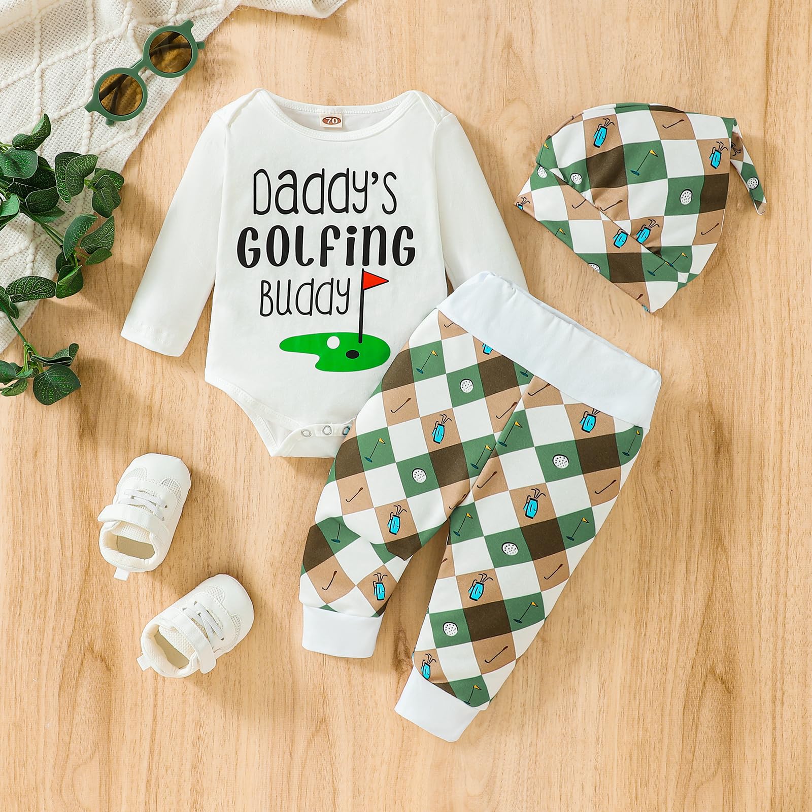 3Pcs Baby Boy Girl Golf Outfit Set Long Sleeve Daddy Golfing Bunny Romper Jogger Pants Hat Newborn Coming Home Outfit (White, 0-6 Months)