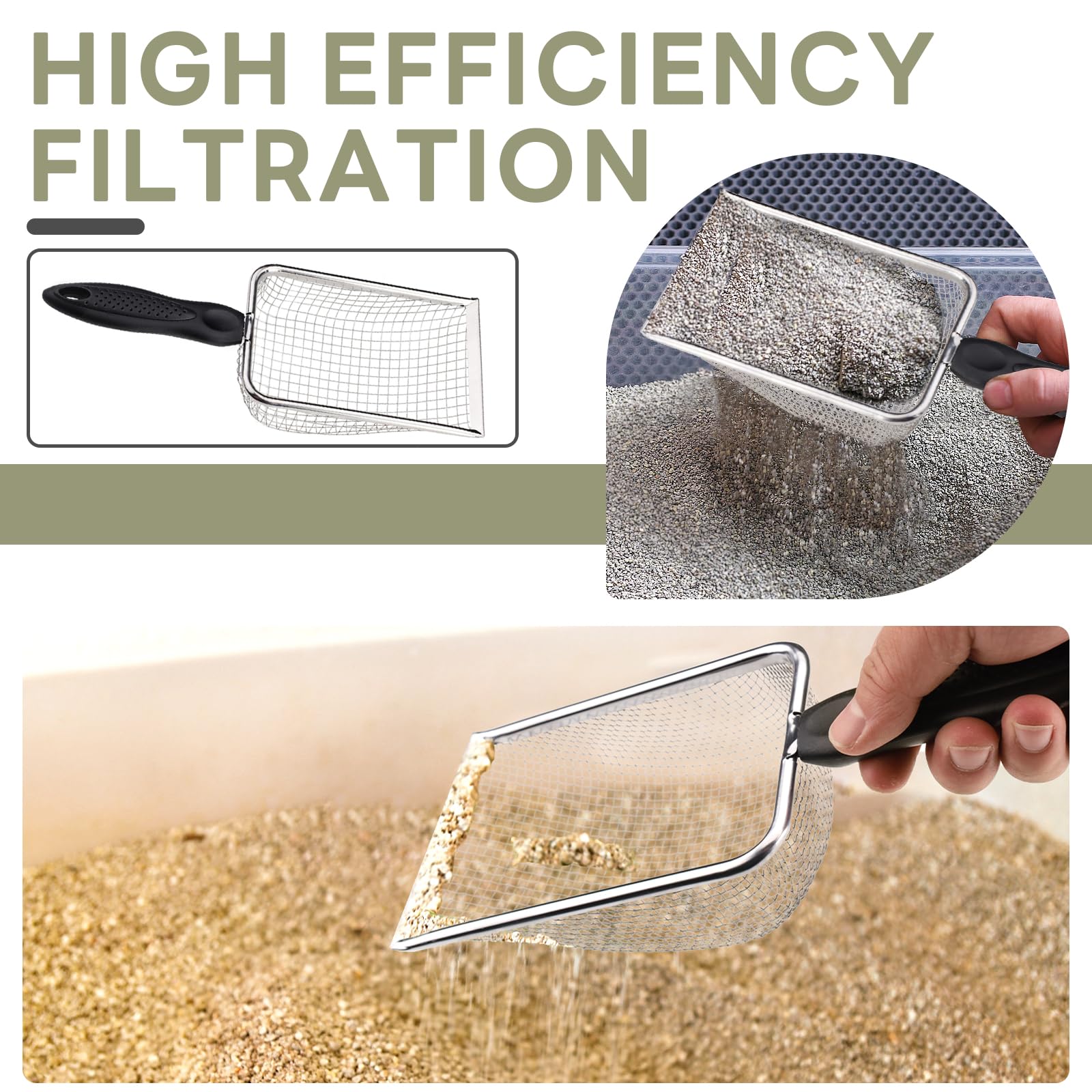 Yitexin Cribas de arenaifter de Acero Inoxidable con manija y 2 Gancho Negro, tamiz para Tierra de Jardin 3,8 mm/5 mm para Rocas Compost Grava Granja Filtro de la Basura del Gato (Plata)