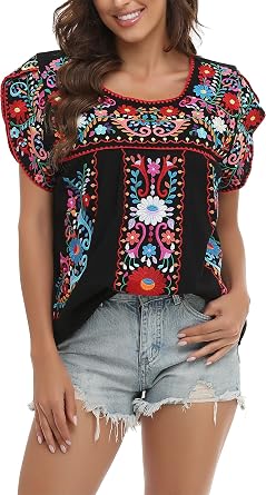 Womens Mexican Peasant Blouse Embroidered Tops Summer Vacation Boho Shirt