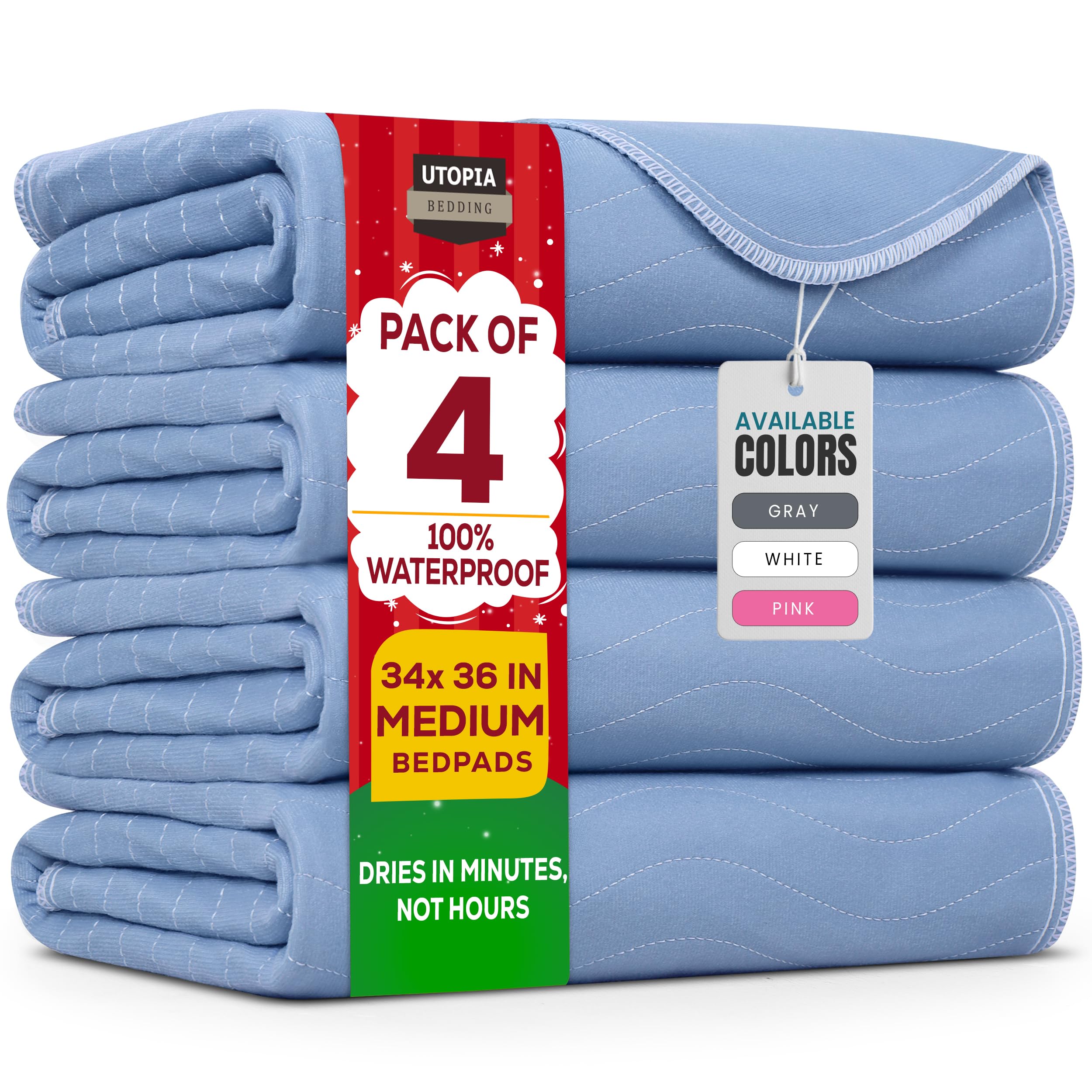 Utopia Bedding Washable Underpads 34" x 36" (Pack of 4), Waterproof Reusable Heavy Absorbency Incontinence Bed Pads for Adults, Kids, Elderly and Pets, Bedwetting Pads for Sofa and Couch (Blue)