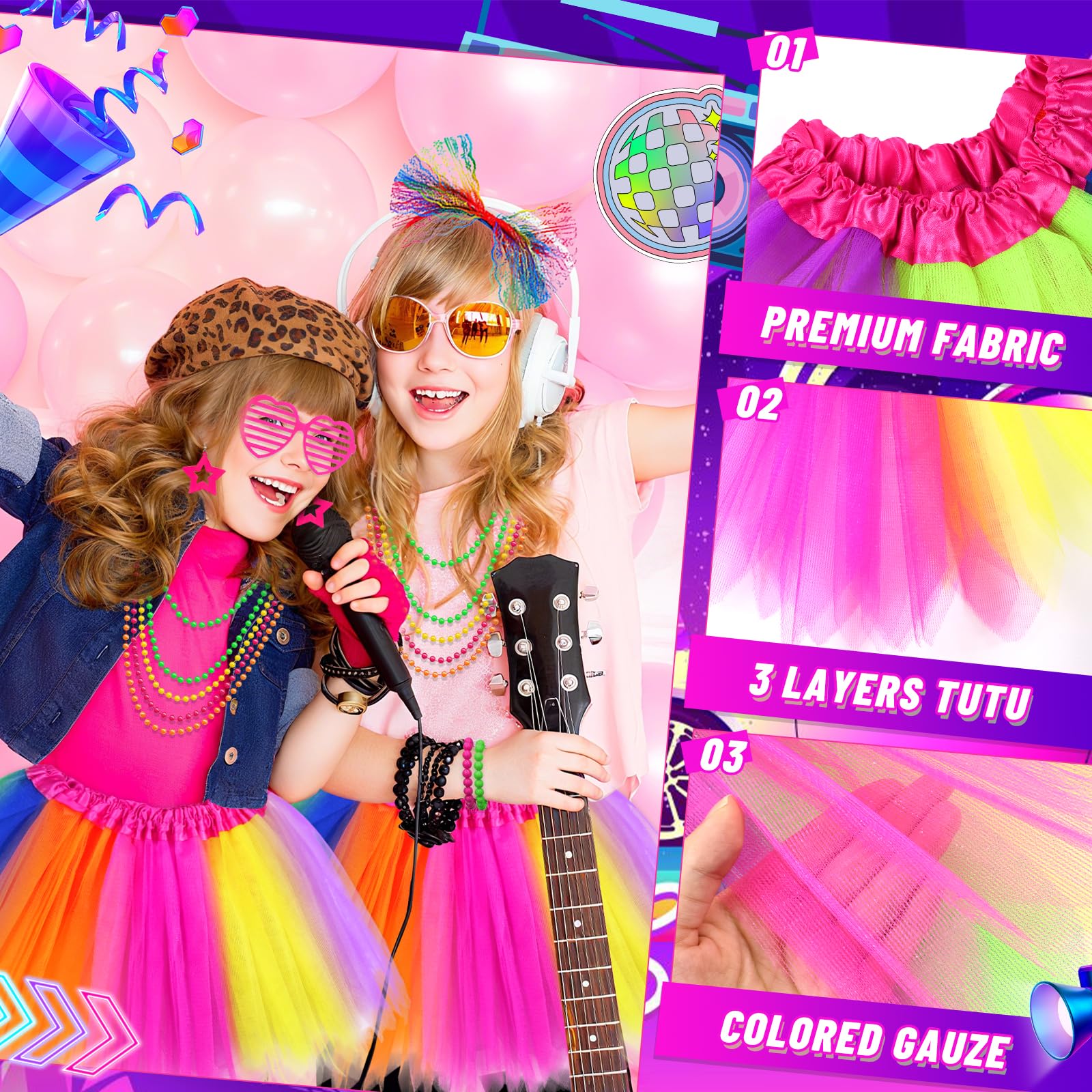80s Costume Accessories Set for Girls 21Pcs 1980s Fancy Dress Outfit with Tutu Skirt Fishnet Gloves Leg Warmers Bow Headband Necklace Bracelets Glasses for Kids 1980s Theme Party (color - Image 3