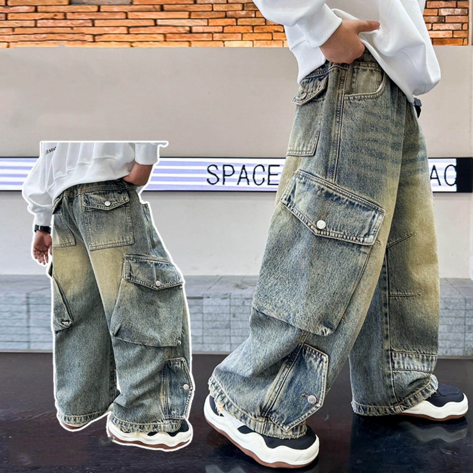 Vaqueros Elasticos Niño, Pantalones Cargo con Cintura Elástica Corte Regular para Niños de 4 a 12 Años