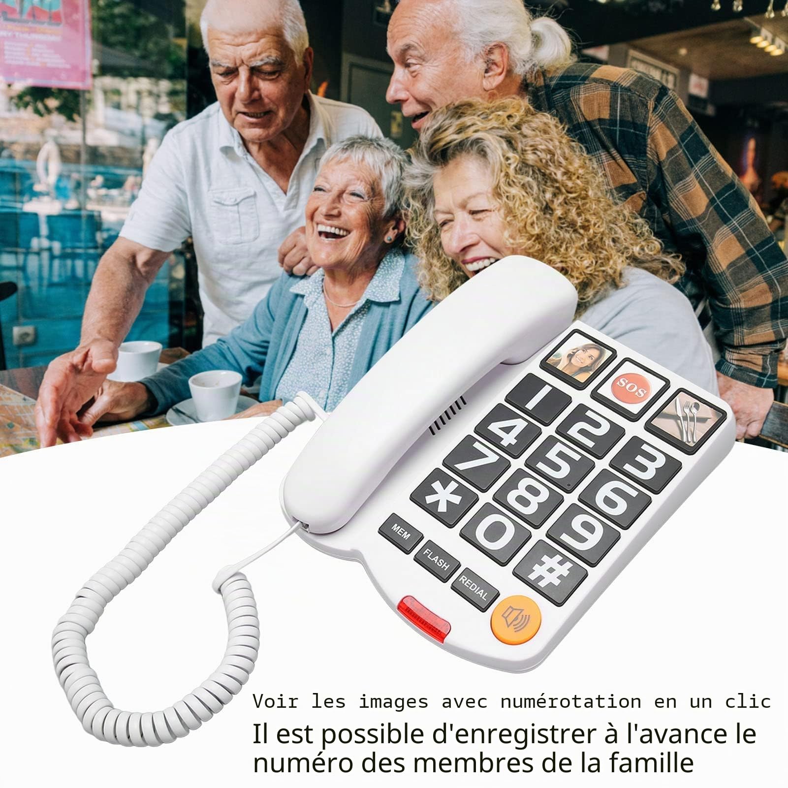 Téléphone Fixe à Gros Boutons pour Personnes âgées, Téléphone Fixe Filaire, Téléphone Photo Senior Photo Téléphone Fixe à Gros Boutons pour Malvoyants, Numérotation à Une Touche, (Blanc)