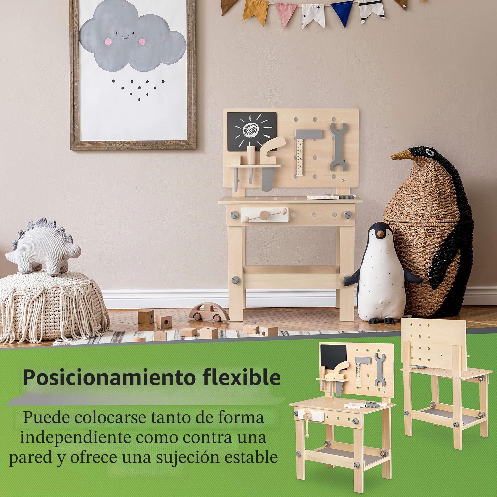 Balinco Workbench Children Wood, Taller con Herramientas Infantiles, Sierra, escuadra, Destornillador, Ruedas dentadas, Tornillo de Banco, Tablero, Accesorios, Juguetes de Madera a Partir de 3 años