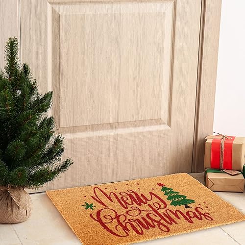 Miniatura 5 de Whaline Felpudo de puerta de fibra de coco natural antideslizante para el suelo, árbol de Navidad para interiores y exteriores, decoración de