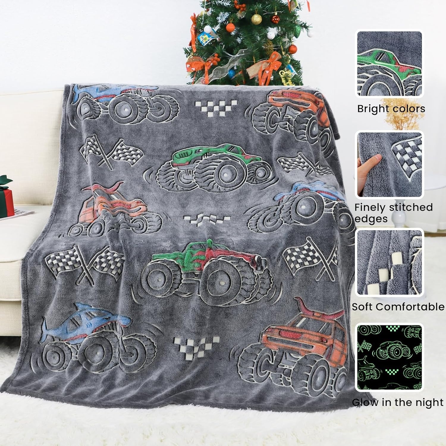 OHOIT Glow in The Dark Blanket for Kids Cute Truck Boys Blankets for Sofa Couch Bed Birthday Christmas Easter Gifts for Kids Boys