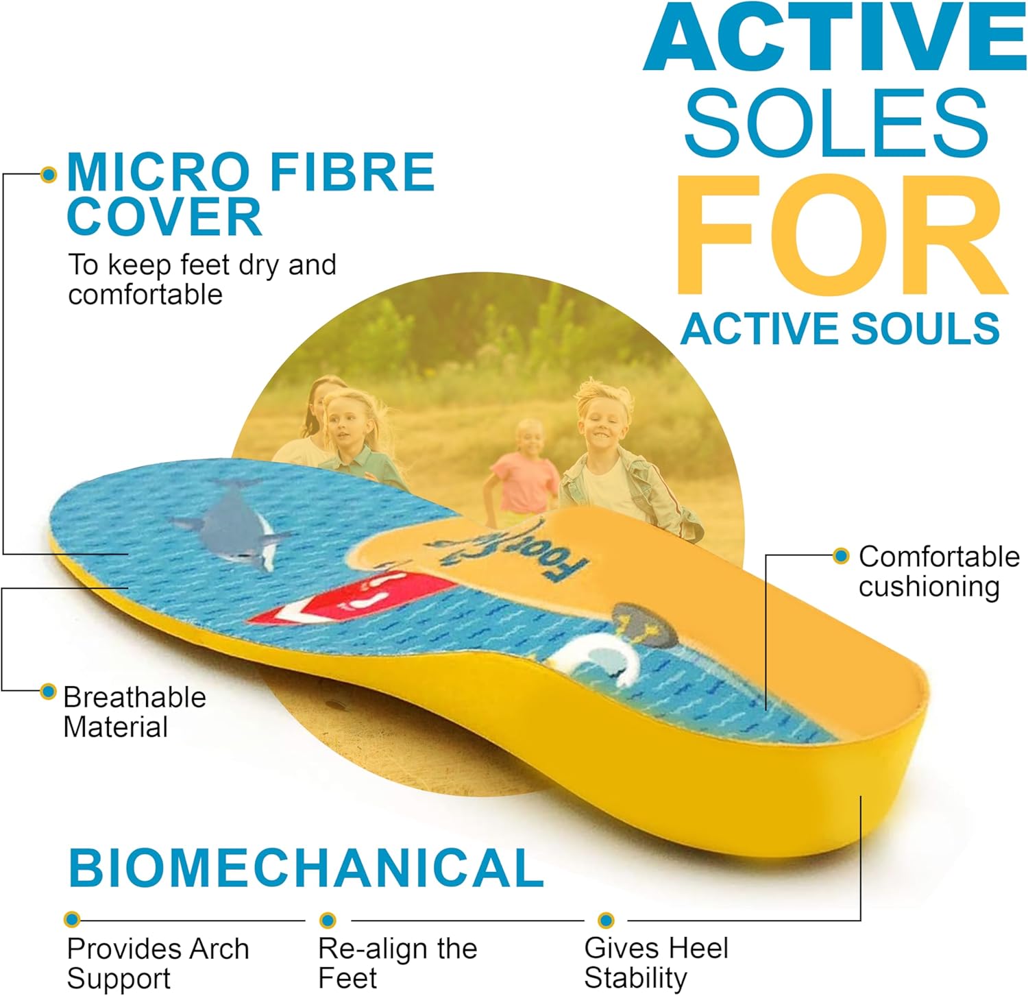 Footlogics Fun Kids Orthotic Shoe Insoles with Arch Support for Children’s Heel Pain (Sever’s Disease), Growing Pains, Flat Feet - Children’s, Pair (Kids 1-3, Yellow) - Image 2