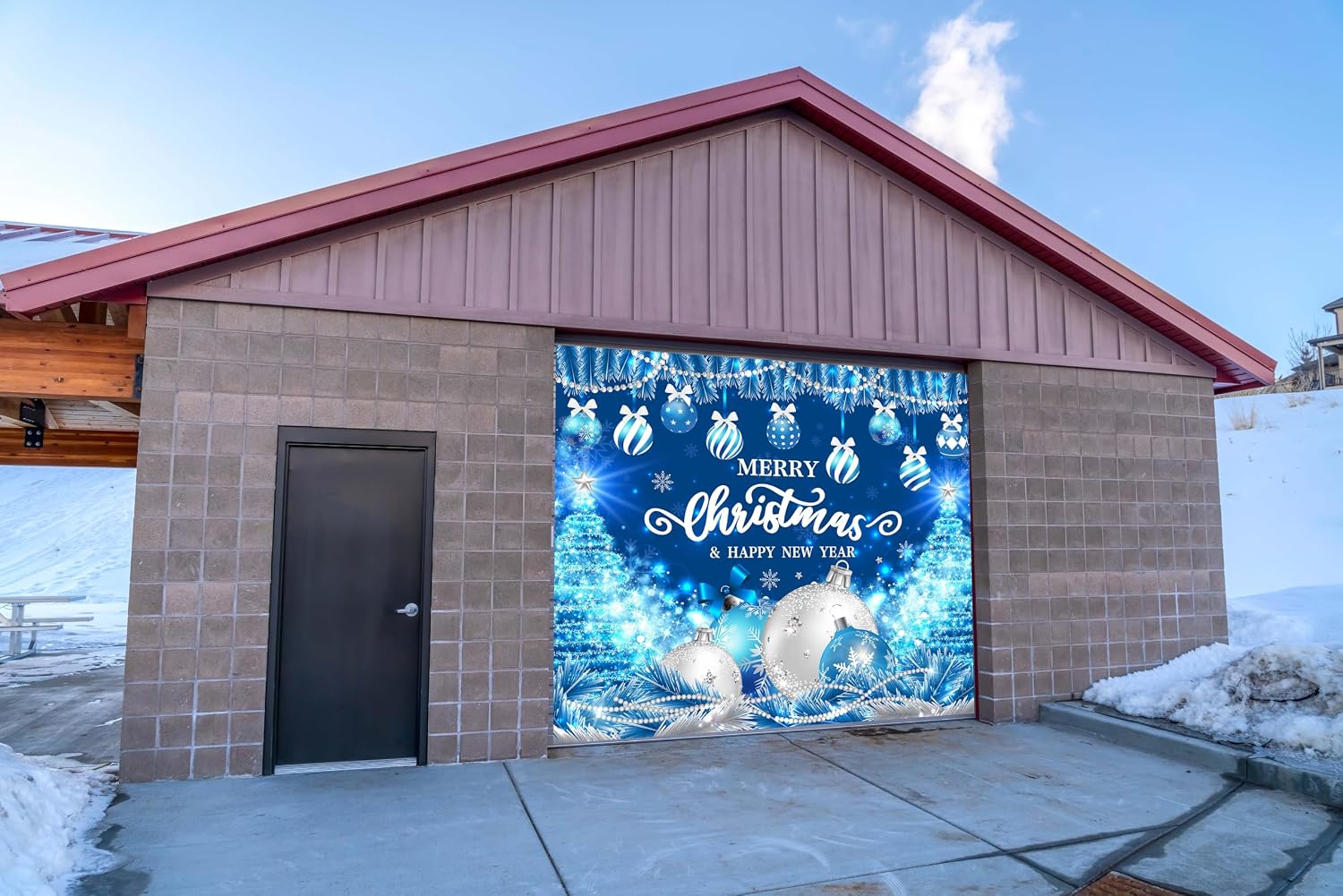 Blue Garage Door Christmas Decorations: Xmas Balls Cover Banner 7x8ft, Merry Christmas and Happy New Year Backdrop for Photography Large Party Background
