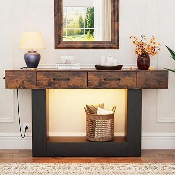 63" Long Console Table with LED Lights & Charging Station,2-Tier Entryway Table with Drawers and Open Storage Shelf for Entry Way,Farmhouse Sofa Table with Heavy Duty Base for Hallway, FoyerBrown