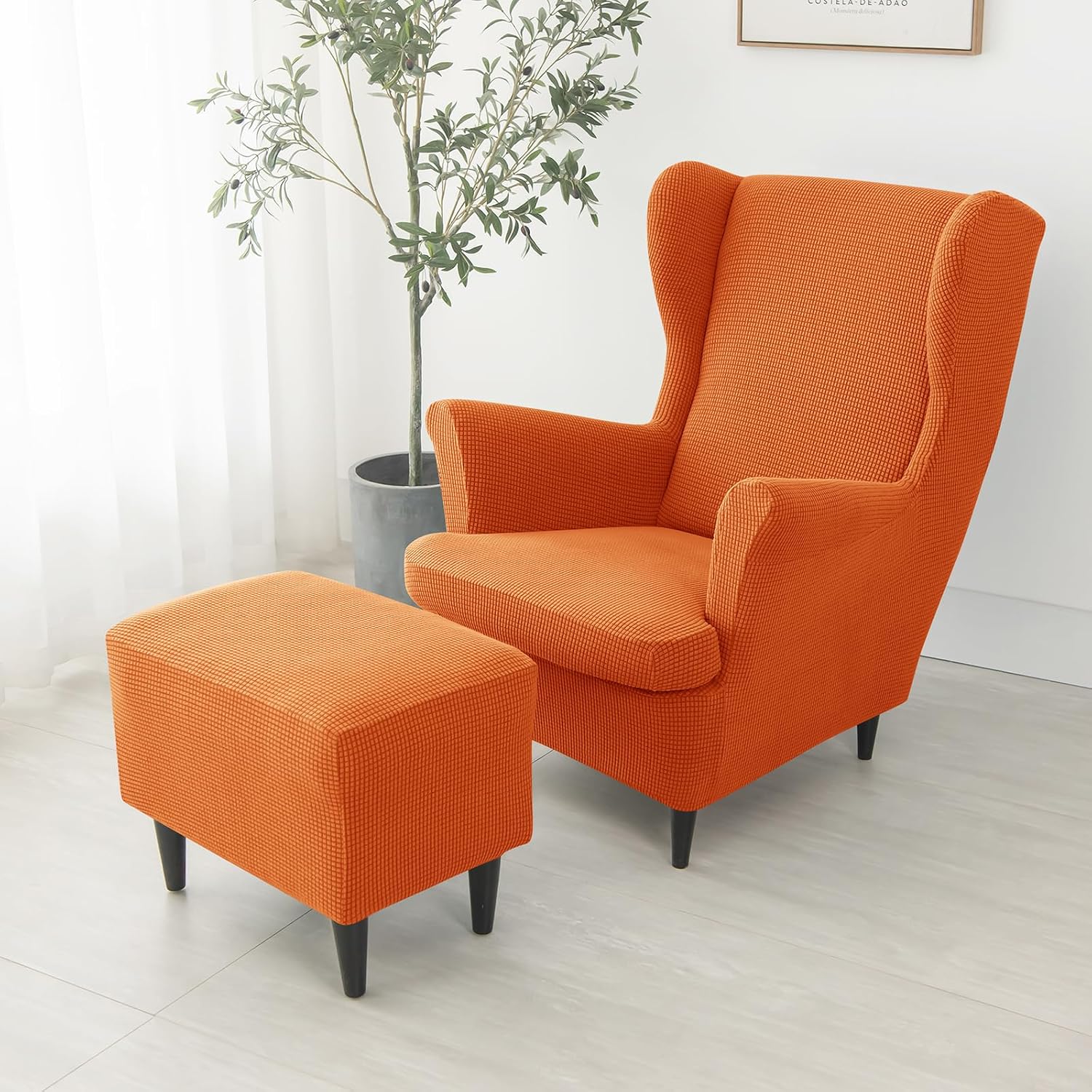 UNBBRRL Jacquard Wingback Chair Covers, Soft Wing Chair and Ottoman Slipcover Set, Stretch Accent High Back Chair Covers for Armchairs (Orange Small Check,3 PCS Set)