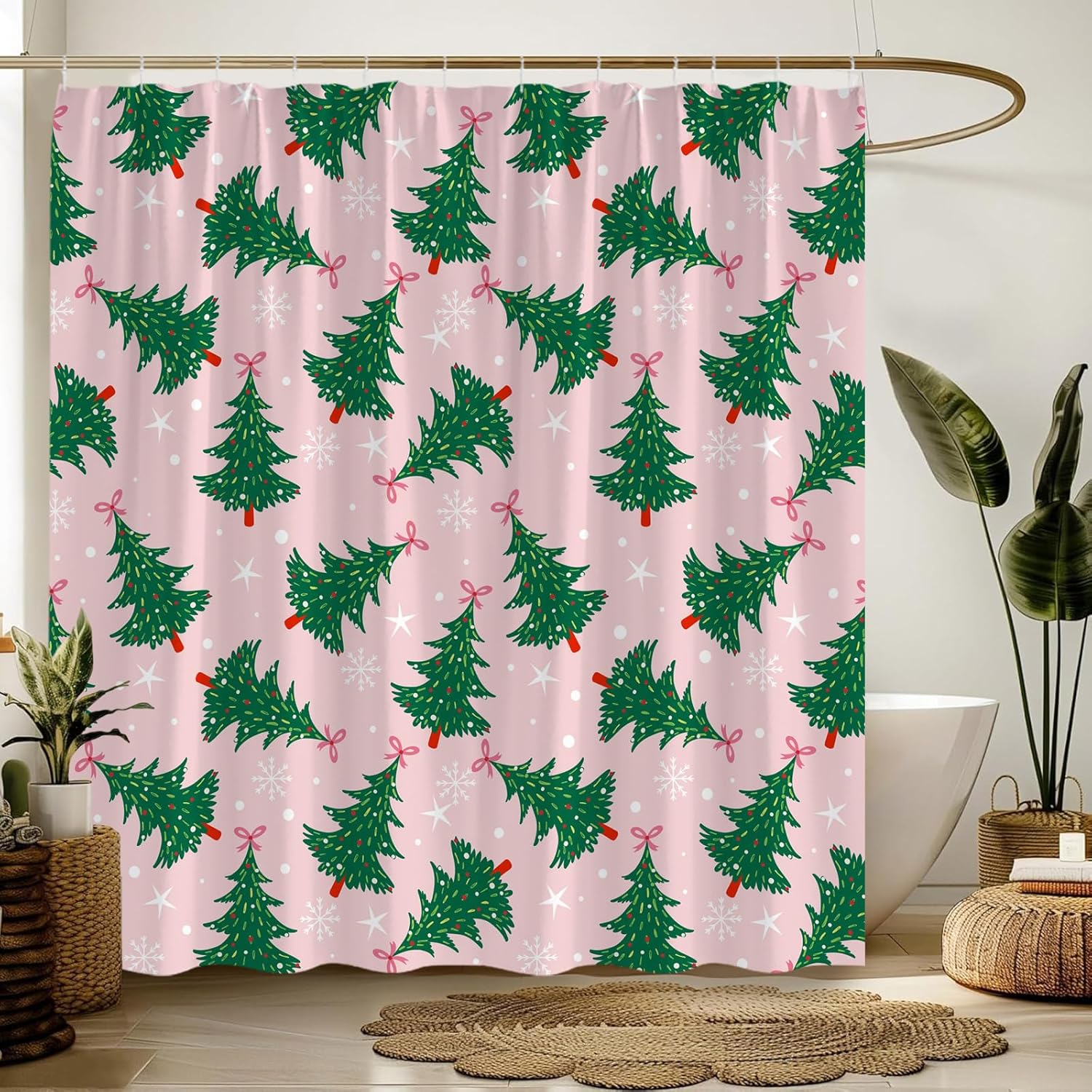 Christmas Tree Shower Curtain Green Winter Xmas Pine Trees Snowflake Bowknot Snow Forest,Pink 70" Wx84 H Fabric Bathroom Decor Curtain with Hooks