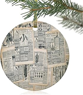 Christmas Ornaments 2021, Vintage Newspaper Advertising Splicing Double-Side Printed Ceramic Christmas Decorations, Retro Middle Ages Magazine Page Round 3" Xmas Gift for Friend