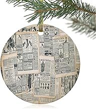 Christmas Ornaments 2021, Vintage Newspaper Advertising Splicing Double-Side Printed Ceramic Christmas Decorations, Retro Middle Ages Magazine Page Round 3" Xmas Gift for Friend