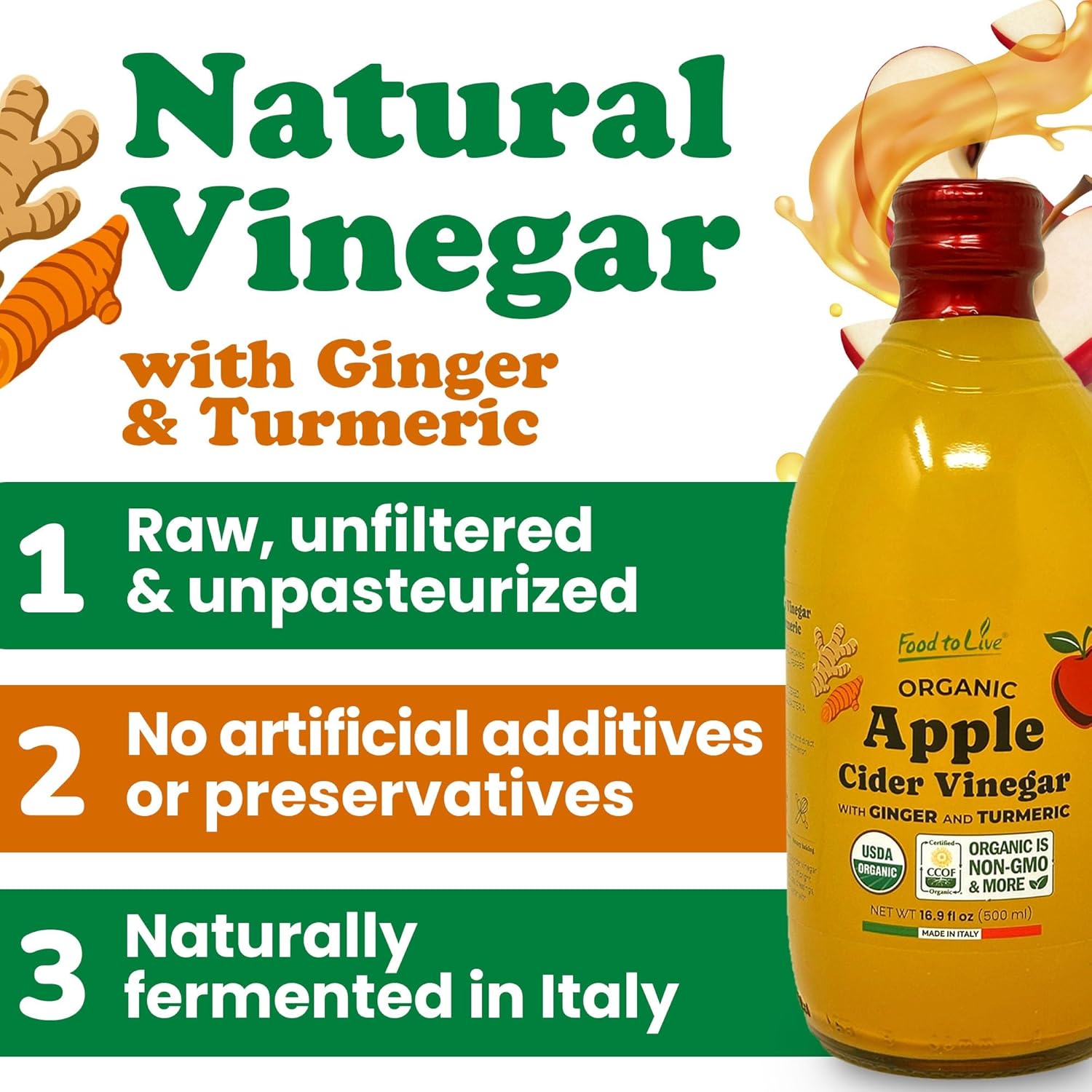 Food To Live Organic Apple Cider Vinegar with Ginger and Turmeric, 500 ml – Raw, Italian, Unfiltered, Unpasteurized, Non-GMO, Vegan, Bulk, Glass Bottle (Pack of 3)
