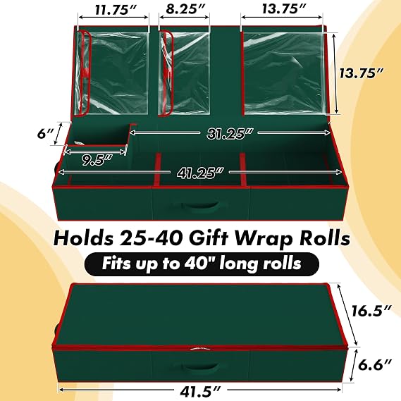 Simple Houseware 41.5 Wrapping Paper Storage Organizer - Fits 40 Rolls with Adjustable Straps, Interior Divider for Ribbons & Bows, 3 Clear Pockets for Gift Bags & Tools, 41.5''L x 16''W, Green