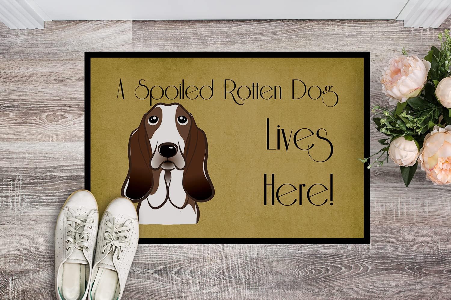Caroline's Treasures BB1491MAT Basset Hound Spoiled Dog Lives Here Doormat 18x27 Front Door Mat Indoor Outdoor Rugs for Entryway, Non Slip Washable Low Pile, 18H X 27W