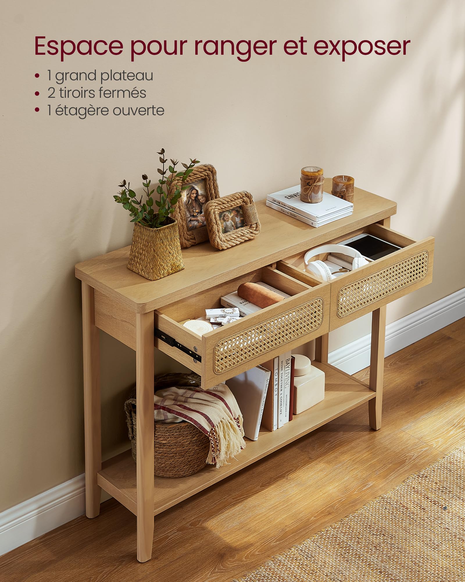 VASAGLE Table Console, Table d’Entrée, Bout de Canapé pour Salon, avec 2 Tiroirs, Étagère Ouverte, Coins Arrondis, Style Boho, Beige Chêne LNT016Y57