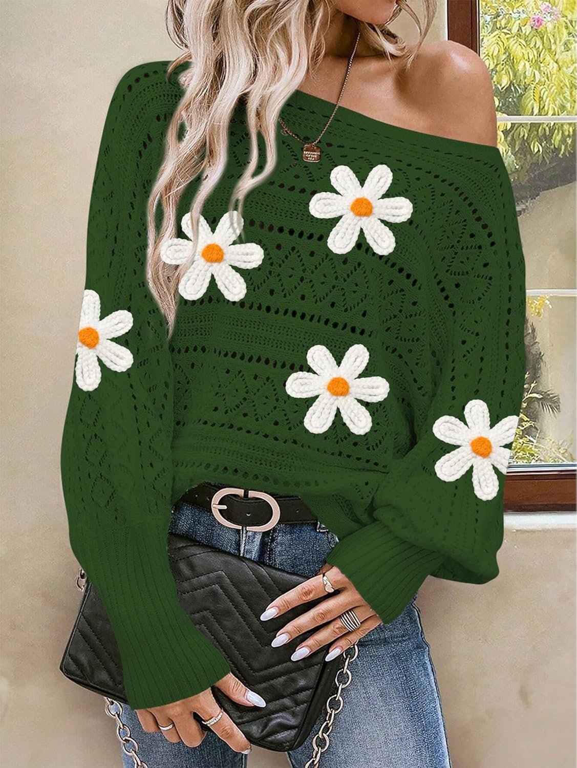 Cakulo Womens Off Shoulder Sweater Top Fall Outfits Fashion 2025 Oversized Knit Batwing Long Sleeve Crochet Flower Sweaters - Image 6