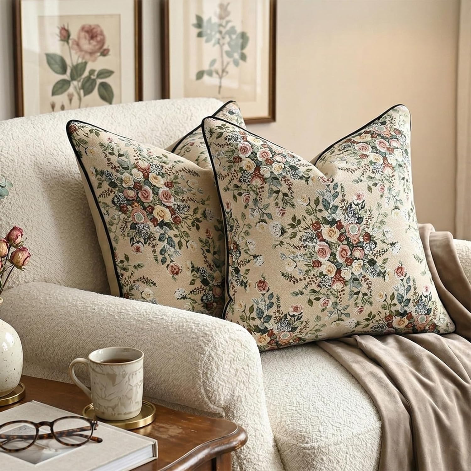 Vintage Throw Pillow Covers 18x18 Inch Set of 2, Floral Woven Couch Pillow Covers with Velvet Backing & Corded Piping, Farmhouse Decorative Cushion Cases for Sofa Living Room, Light Yellow Pink