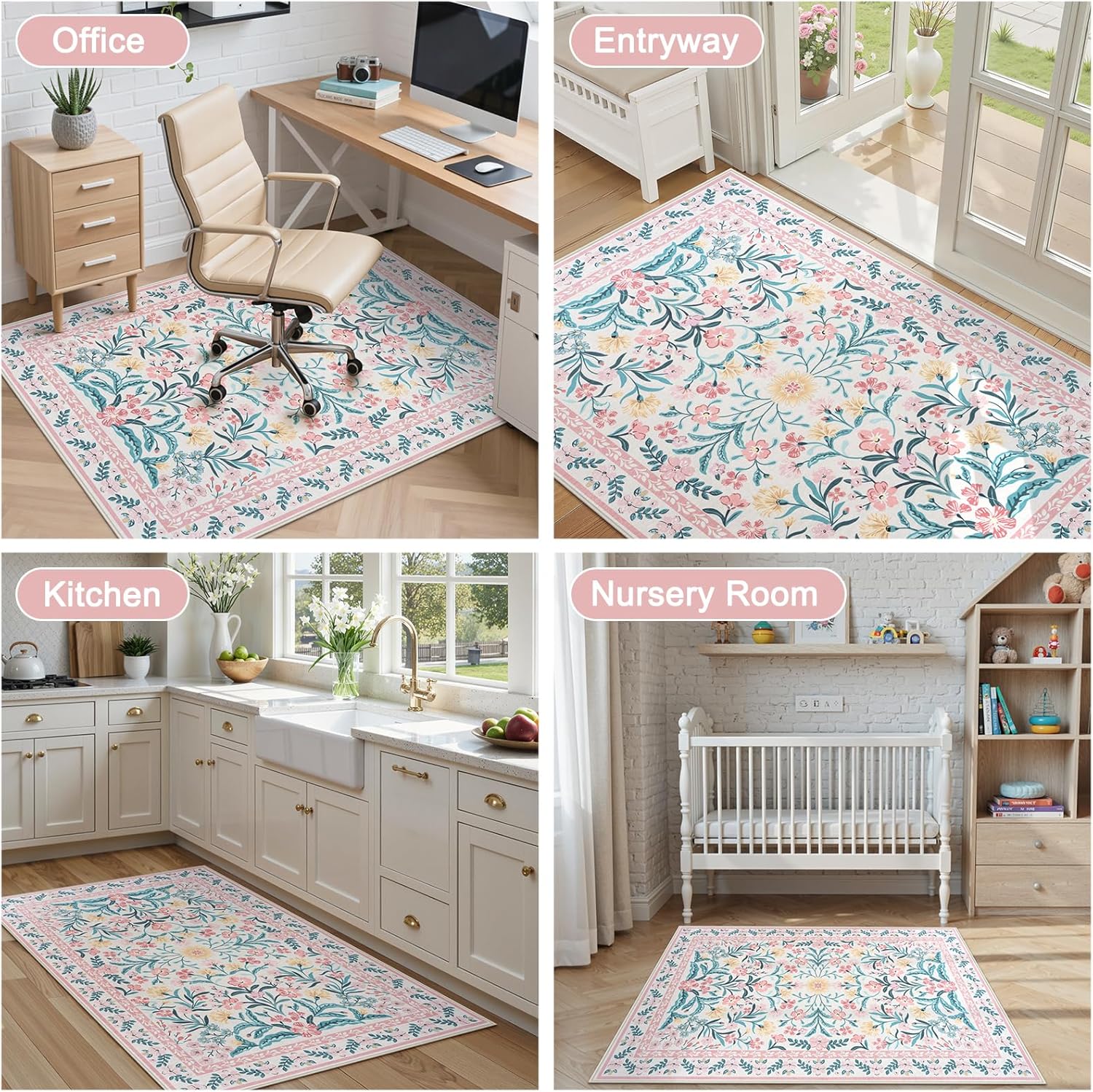 Anidaroel 48"x60" Office Chair Mat for Hardwood Floor/Tile Floor, Anti-Slip Floral Desk Mat for Chair,Boho Desk Rug for Office, Low Pile Office Rugs for Rolling Chairs, Blush Pink Floor Protector Rug
