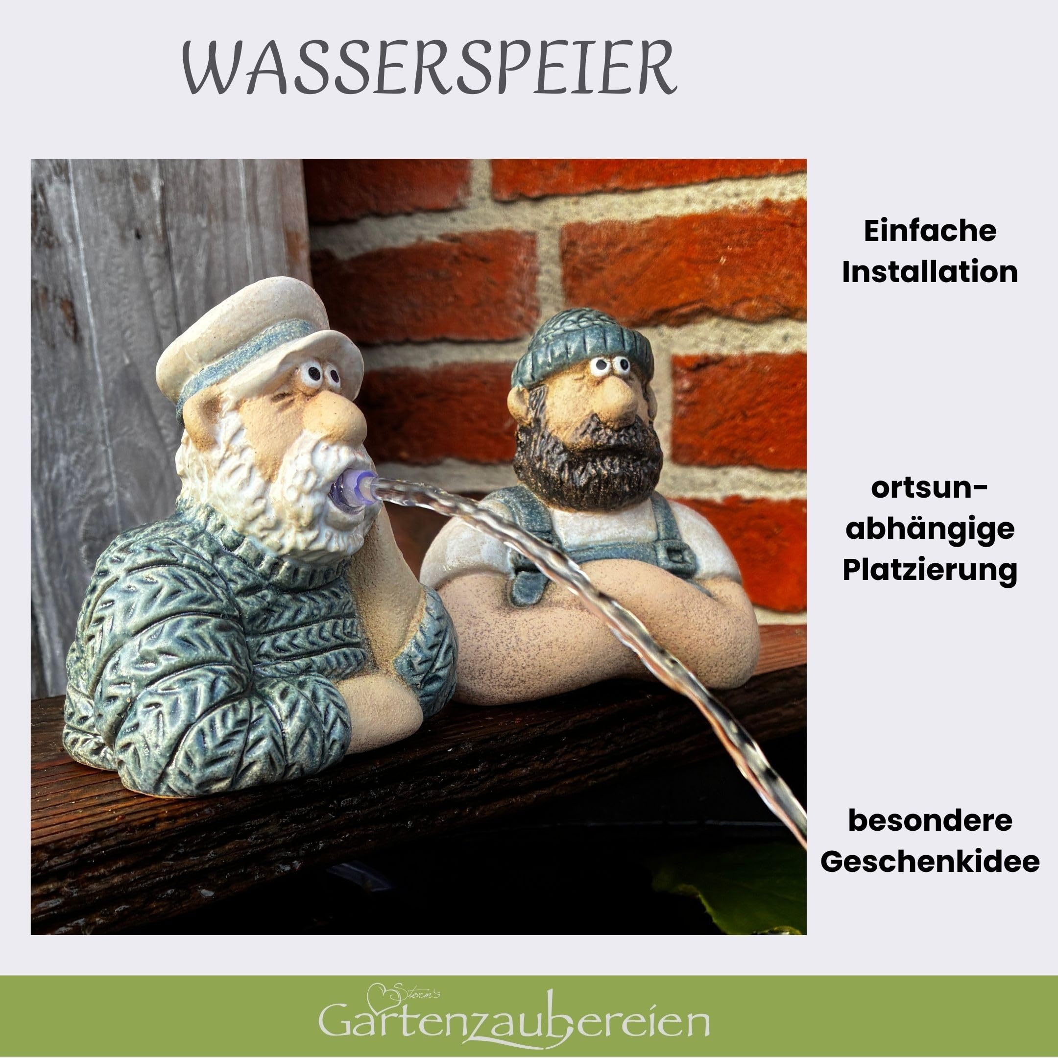 Storm's Gartenzaubereien Wasserspeier mit Solarpumpe- Seemann Set aus Keramik - 2er Set Matrosen Figuren in Strick-Optik - Maritimes Wasserspiel für Garten/Balkon/Miniteich - Stromlos mit 3m Kabel