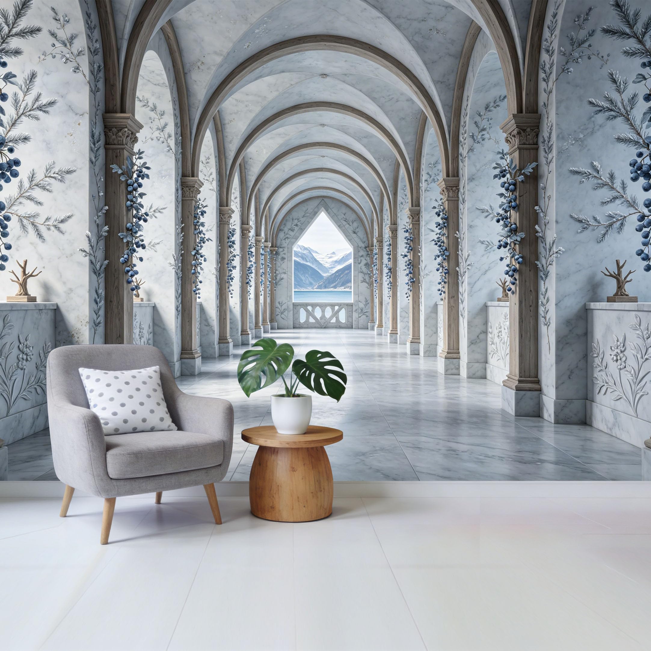 Removable Self Adhesive Fabric Mural， Neoclassical Marble Hallway Mountain Lake View Custom Size Wall Covering， UV Protected Waterproof Washable Wall Decor for Living Room Bedroom Bathroom
