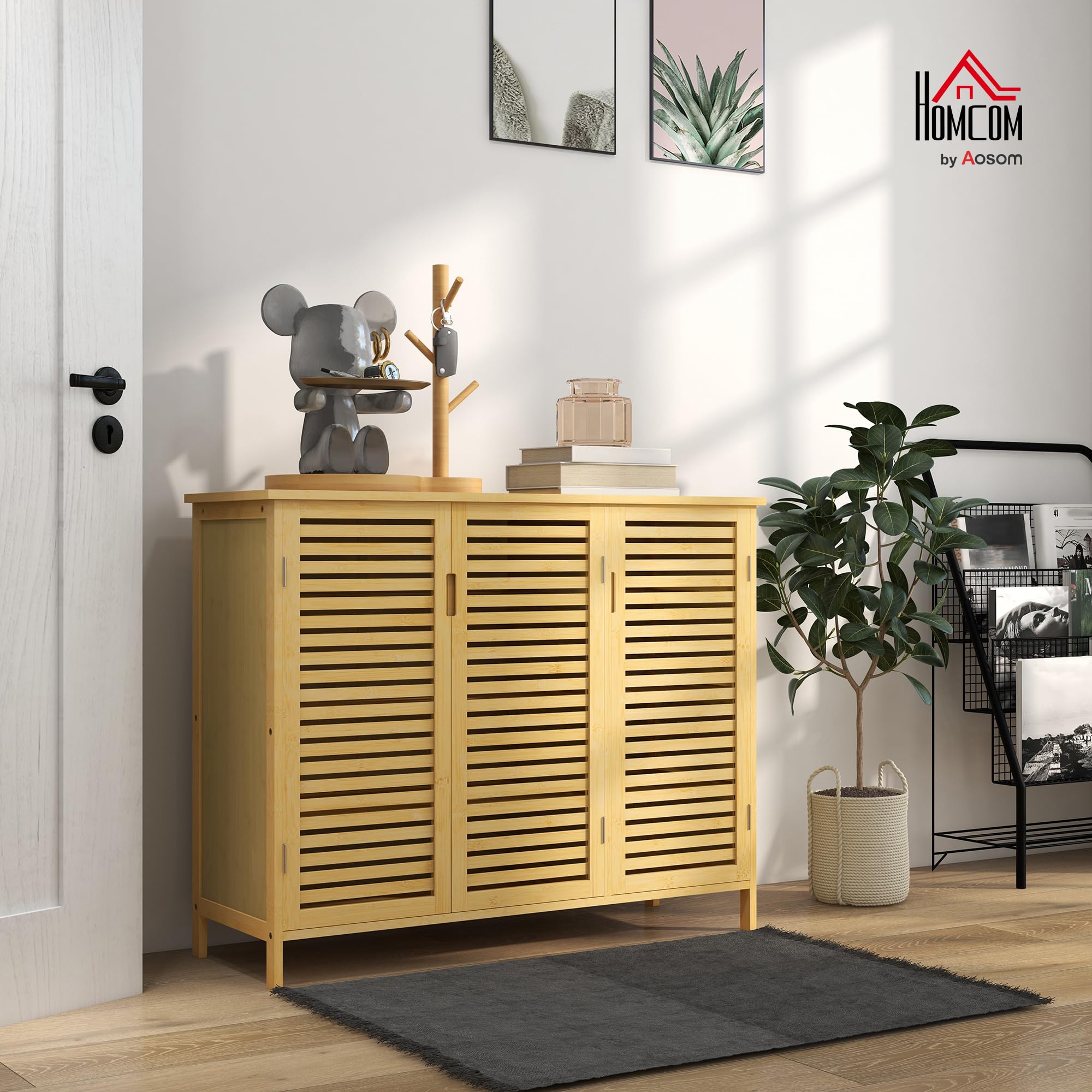 HOMCOM Scarpiera a 8 Ripiani su 3 Livelli con Maniglie, Mobile Scarpiera in Bambù per Soggiorno e Ingresso, 100x35x80 cm, Colore Legno