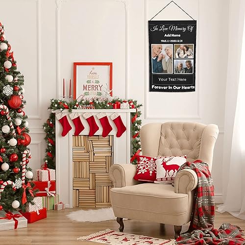 Miniatura 4 de Banderas de memoria personalizadas con texto en inglés "Forever in Our Hearts", banderas conmemorativas de jardín para tumbas con 3 collage de