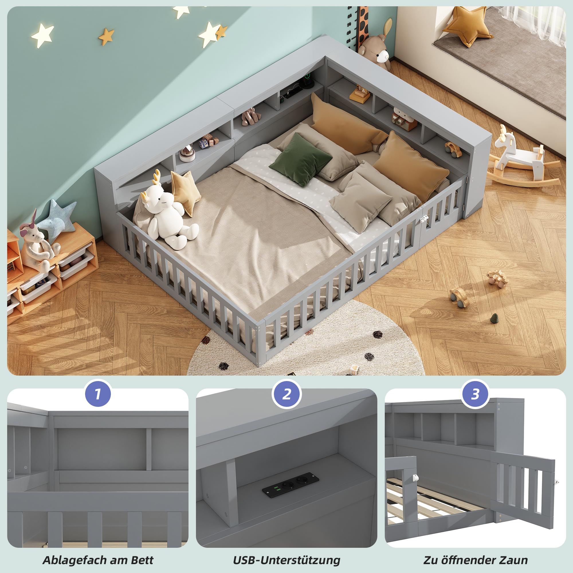 LAKFEW Bodenbett 140x200 cm Kinderbett mit Rausfallschutz und USB-Anschluss, Bett mit Stauraum Staufach, Jugendbett Holzbett mit Lattenrost, Kinderzimmer Möbel, Ohne Matratze, Grau