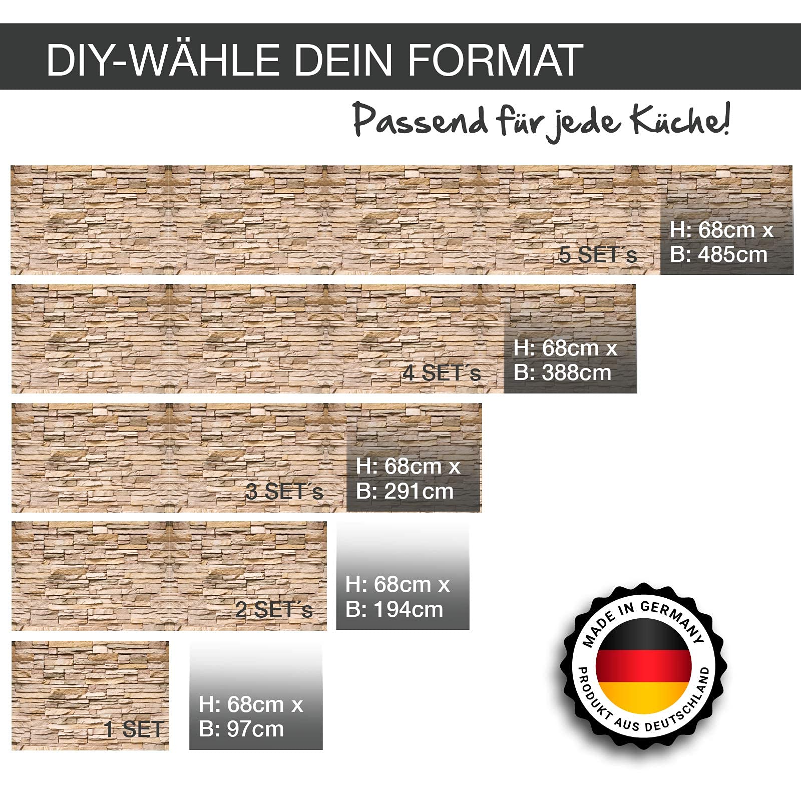 KLINOO Küchenrückwand aus Folie in Steinoptik als Spritzschutz - zuschneidbar und erweiterbar - 97cm x 68cm (Naturstein beige)
