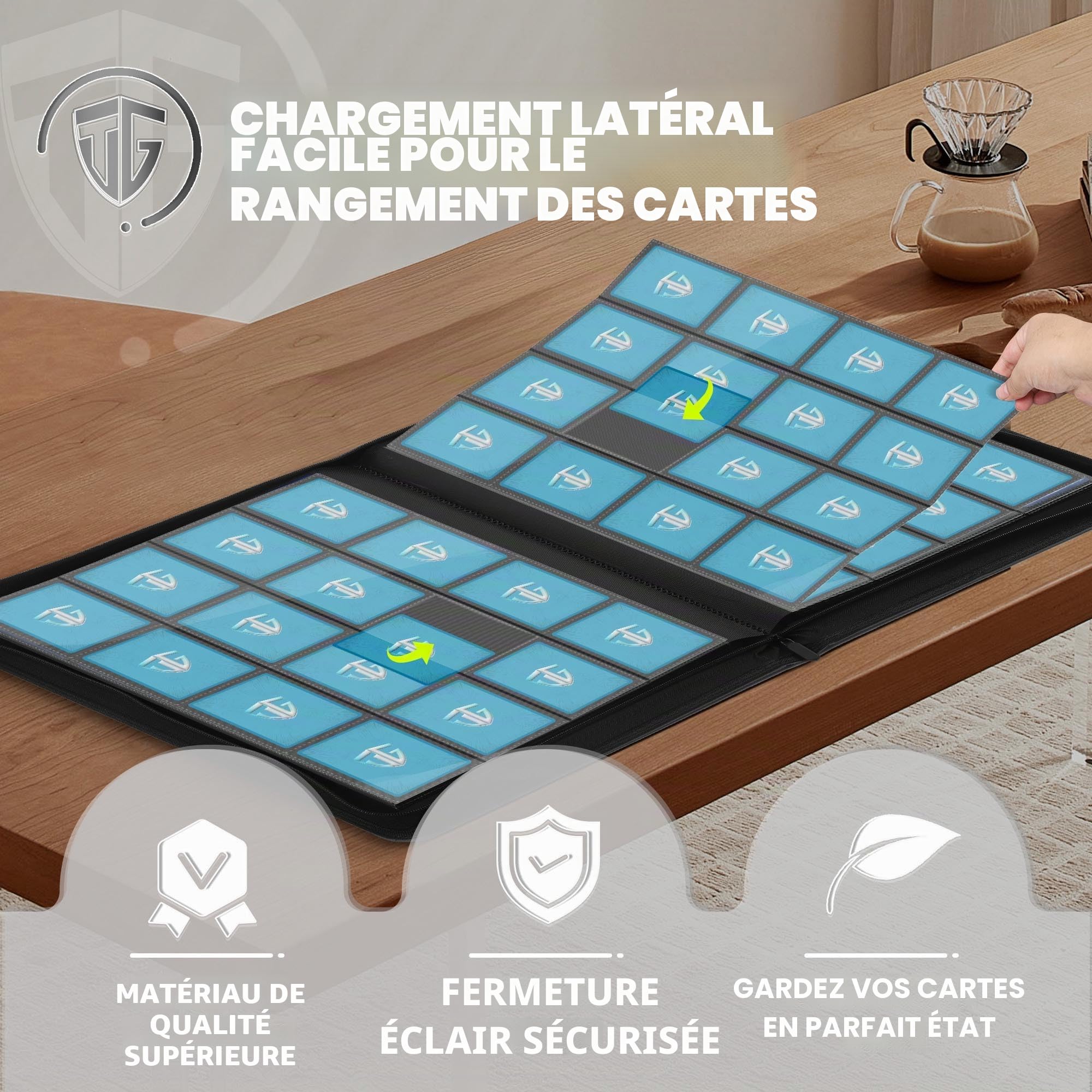TCGUARD Album de Cartes à Collectionner à 16 Compartiments avec Fermeture Éclair pour Plus de 1000 Cartes, Grand Classeur, Poches de Chargement Latérales Sécurisées, Compatible avec MTG, Noir