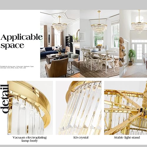 Miniatura 7 de MEELIGHTING Candelabros de cristal modernos chapados en oro, lámpara colgante contemporánea, lámpara de techo de 5 niveles (16 luces) para comedor,