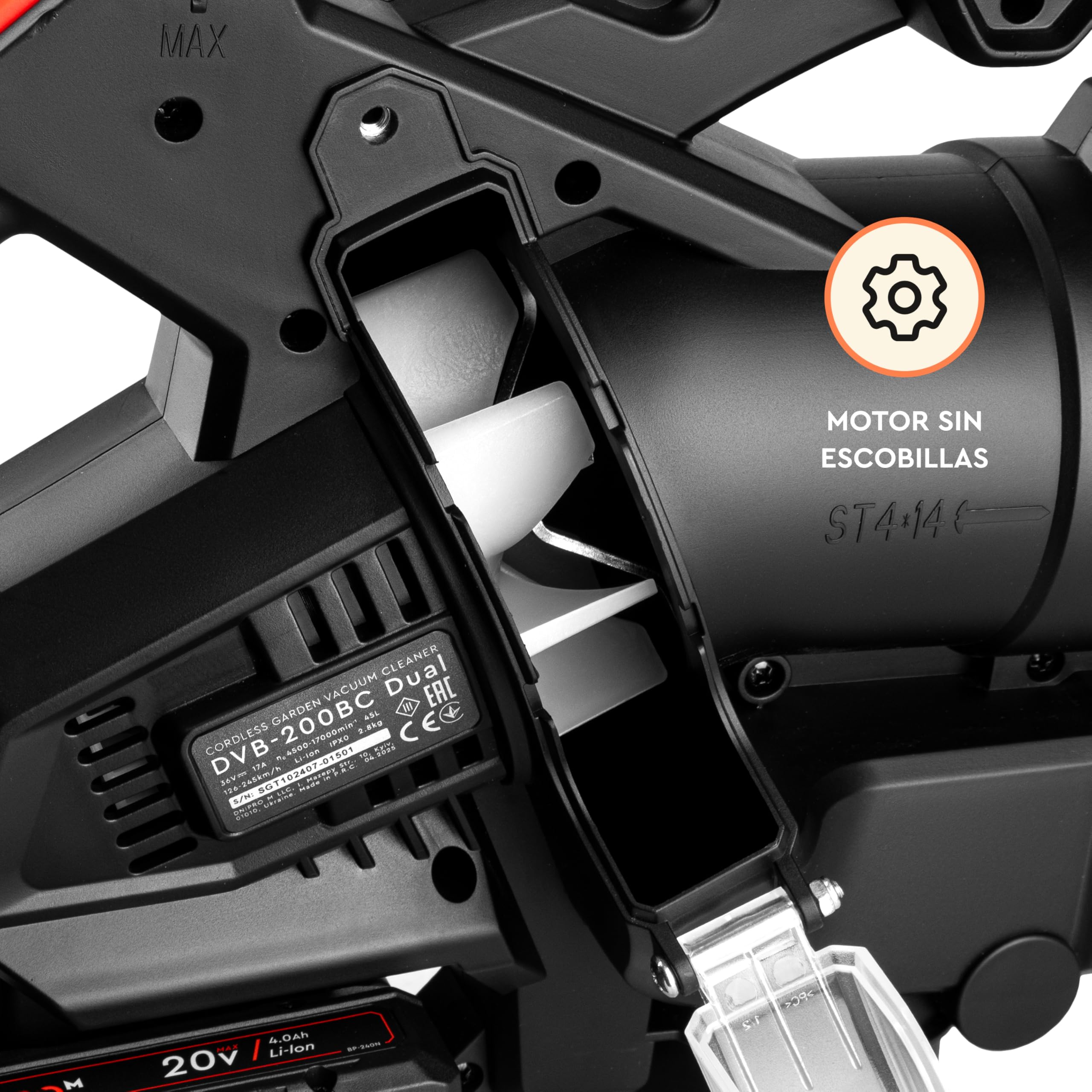 Aspirador Soplador de Jardín Inalámbrico DVB-200BC Dual 20V Brushless - Aspirador, Soplador y Triturador de Hojas 15:1-2 Baterías 4Ah y Cargador Dual - Bolsa 45L - por Dnipro-M