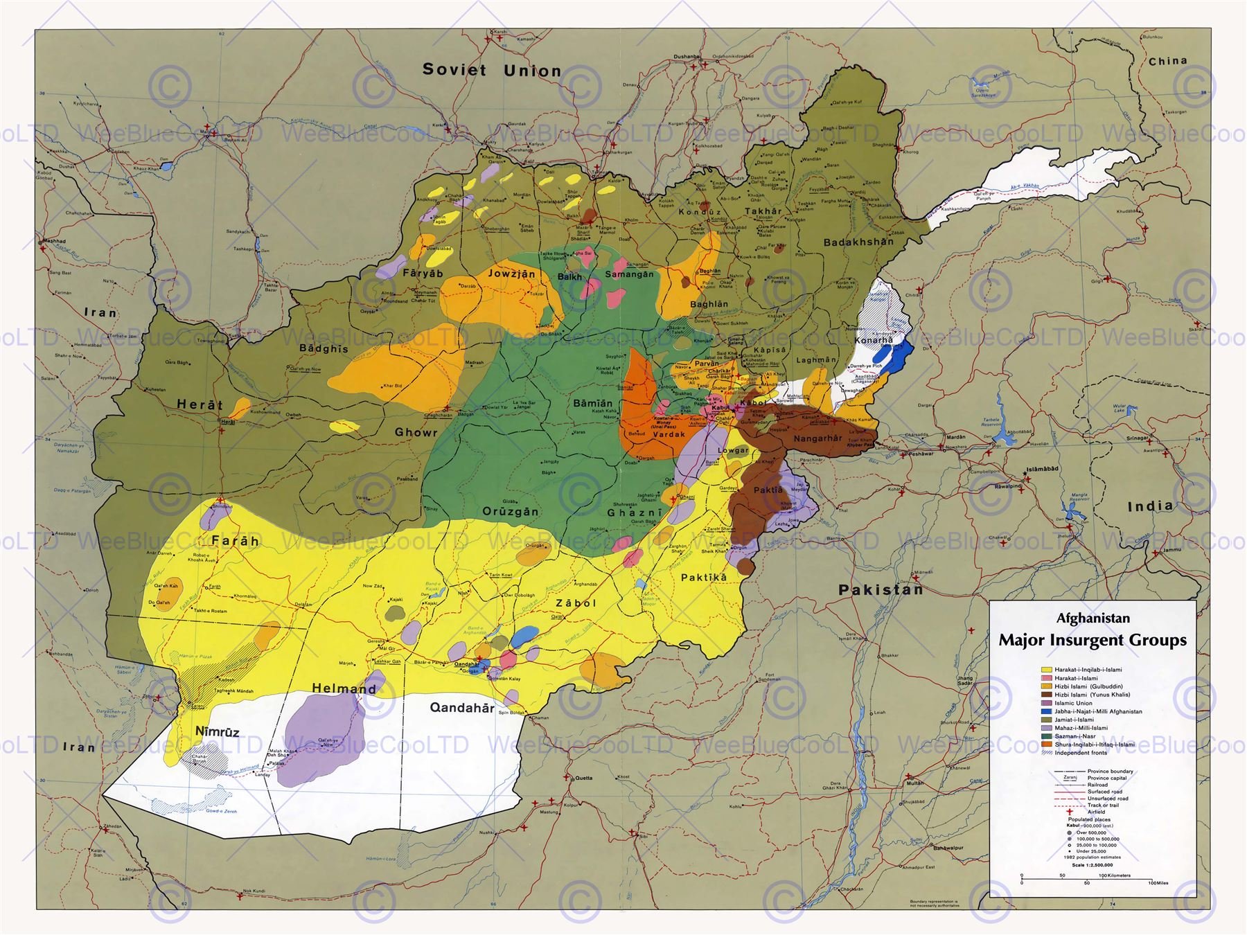 Wee Blue Coo Map War Afghanistan Soviet Union 1985 Insurgency Groups Wall Art Print