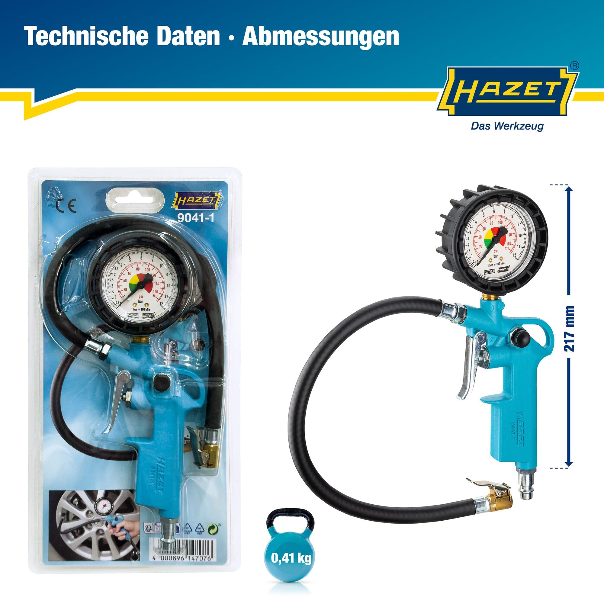 HAZET Reifenfüll-Messgerät 9041-1 I Manometer-Messbereich: 0-12 bar, Schlauchlänge: 400 mm, Manometer-Durchmesser: 63 mm I Reifendruck-Prüfer für Auto, Motorrad, Lkw uvm.