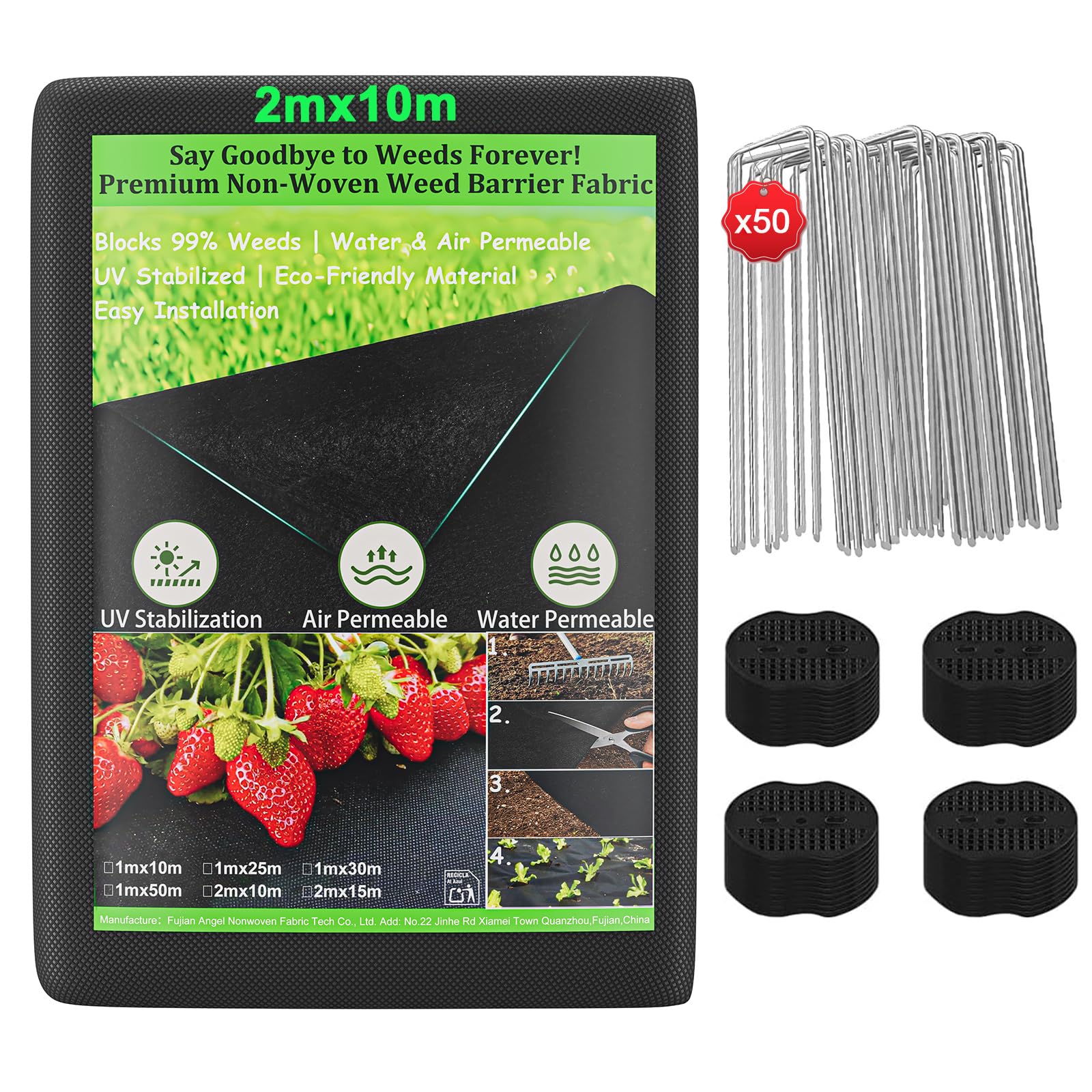 OUNUO Telo Pacciamatura 2m x10m, 100g/m² Tessuto Non Tessuto Anti Erbacce, con 50 Picchetti a U, Telo Anti Erbacce per Orto, Giardino, Tessuto Permeabile all'Acqu, Stabilizzazione UV, Nero
