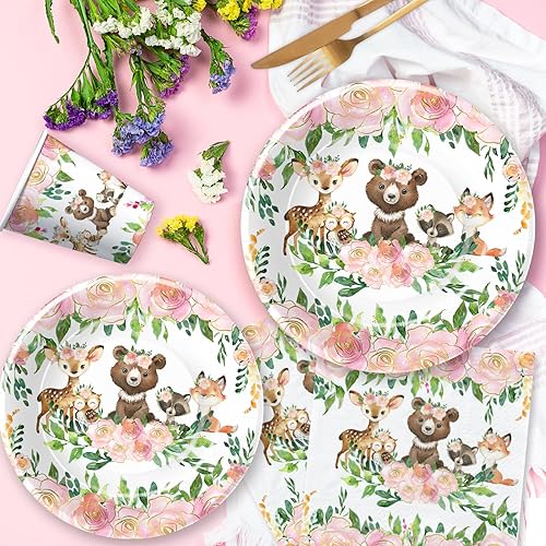 Miniatura 3 de APOWBLS Decoraciones de baby shower de animales del bosque para niñas vajilla de cumpleaños del bosque suministros de fiesta platos de cena plato de