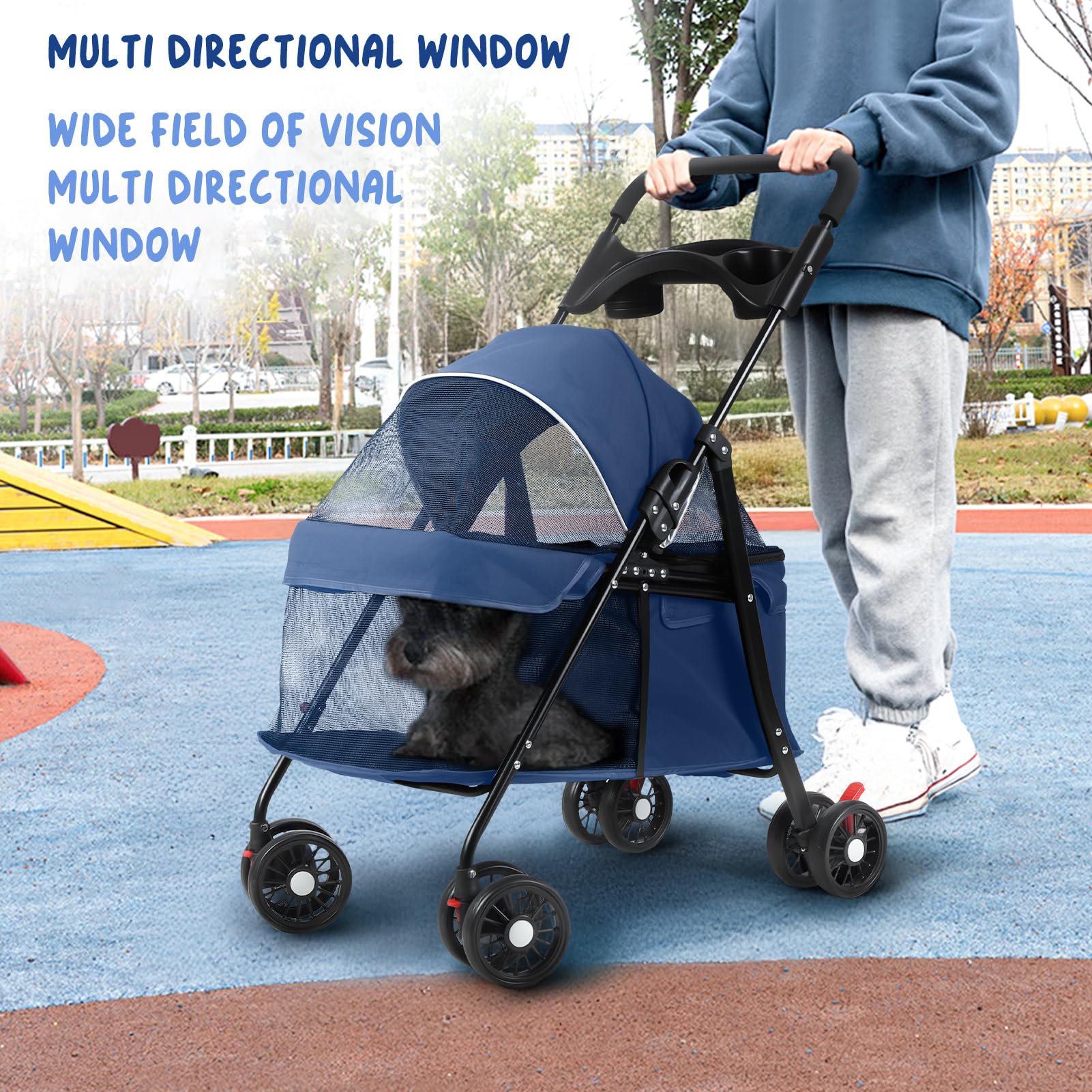 Hundewagen 2 in 1, Hundebuggy Bis 20kg, 4 Paar 360°Doppelräder, Hund-Katzen-Käfig-Kinderwagen mit Getränkehalter, Hundewagen Klappbar für Kleine/Mittlere Hunde und Katzen (Blau)