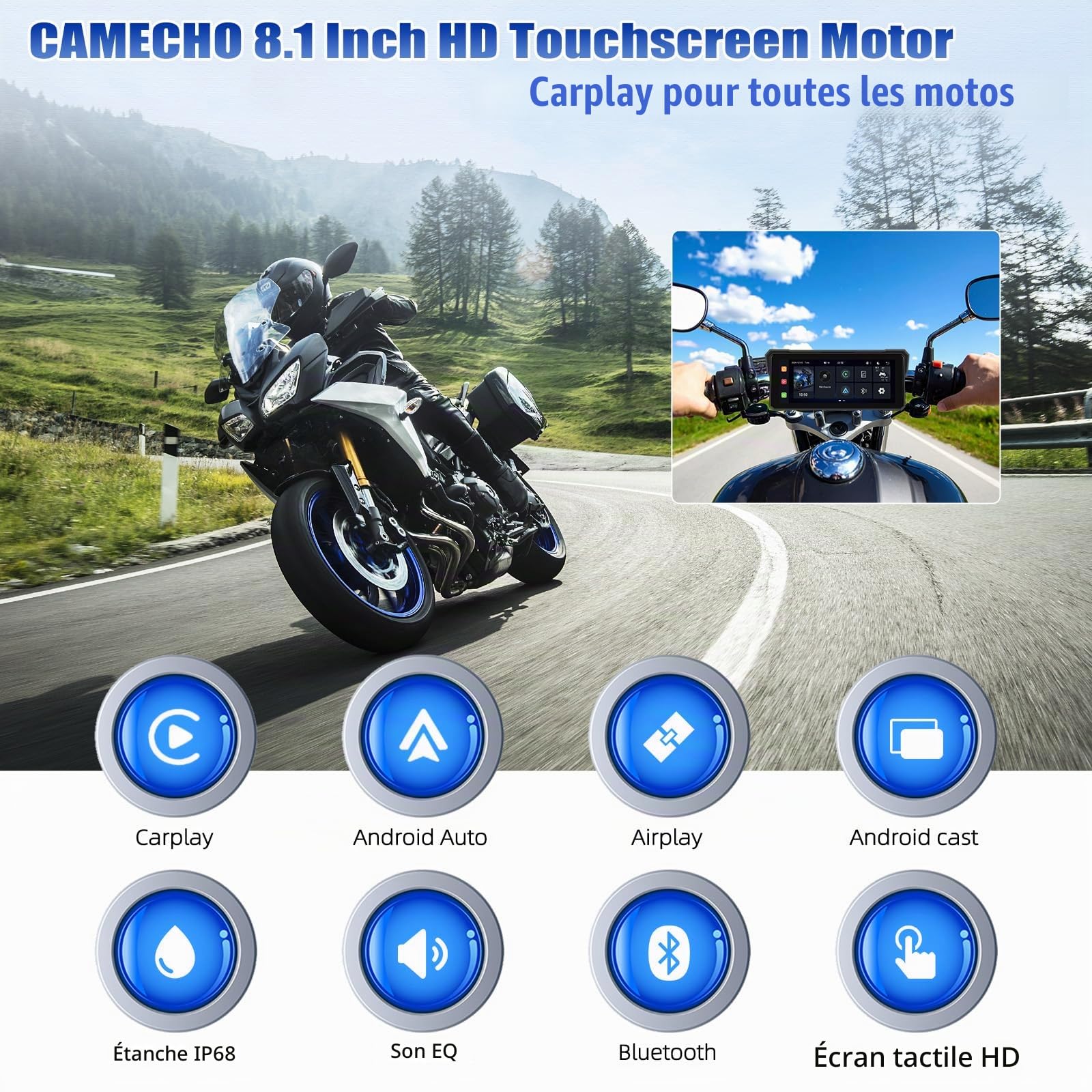 CAMECHO Carplay Moto 8.1 Pouces avec Android Auto, IP68 Waterproof, Ecran Carplay Moto avec Bluetooth Airplay Android Cast EQ Sound Large Adaptabilité +1600 * 600 HD