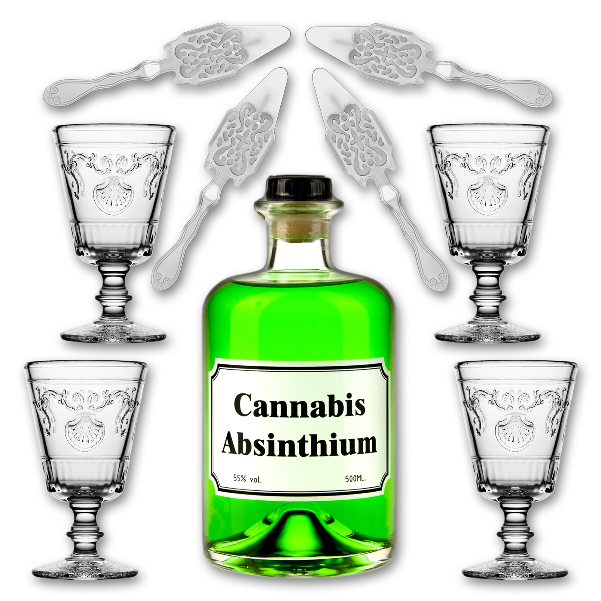 Cannabis Absinthium 0,5l - 55% vol. Alc. + 4x Absinth Glas "Versailles" 200ml + 4x Absinth Löffel "Antique"