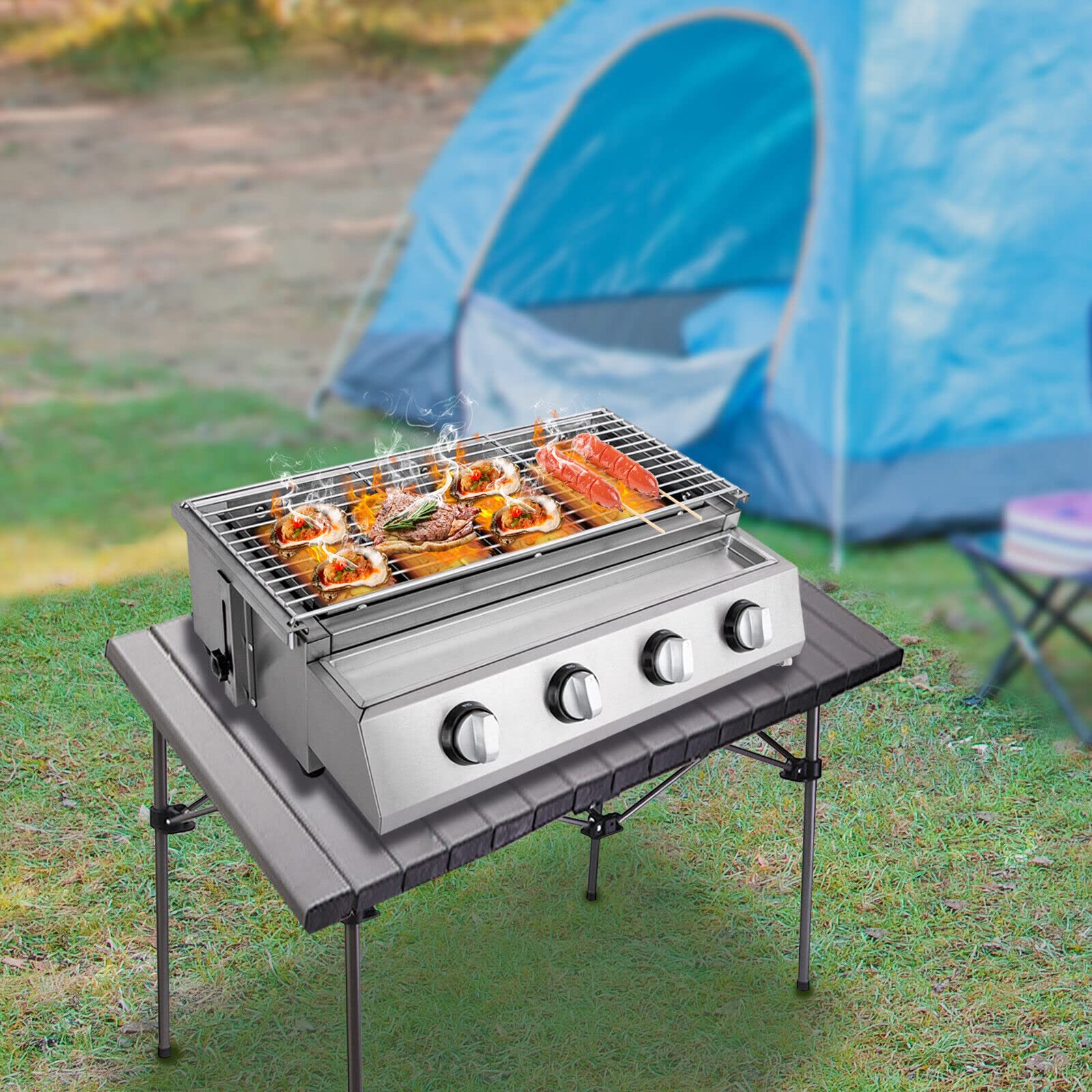 Grill gazowy ze stali nierdzewnej, palnik ze stali nierdzewnej, 4-żarówkowy, grill stołowy, grill gazowy z rusztem do grillowania, na podwórko, do ogrodu, na taras, taras i balkon
