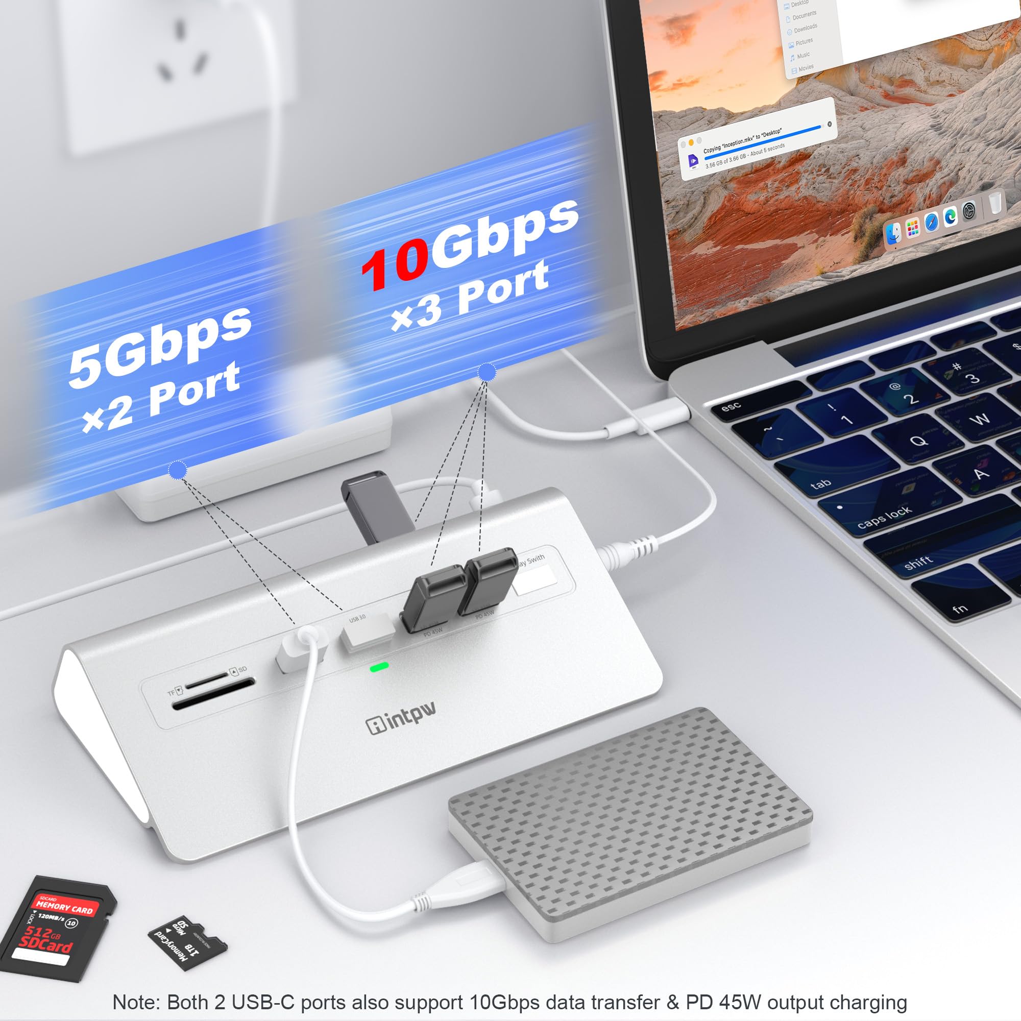 Docking station USB C 3 monitor, intpw 13 in 1 dock con doppia HDMI 4K60Hz, 8K DP, 10Gbps USB A/C, 45W PD, Gigabit Ethernet, SD/TF, audio, microfono, adattatore di alimentazione da 65 W + cavo da 3,9