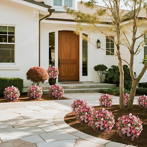 Miniatura 5 de momoplant Árbol de bola artificial de boj con flores de mamá, planta sintética de 24 pulgadas de alto con picos de tierra, juego de 2 arbustos de