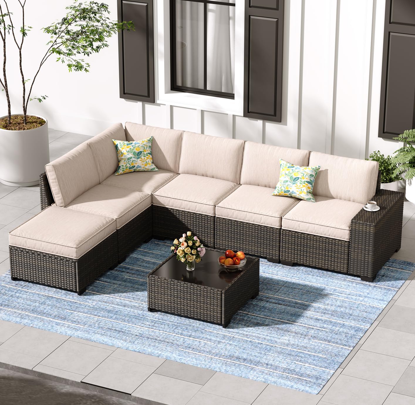 Jing's Villa 7-Piece Patio Furniture Set, All-Weather Outdoor Wicker Sectional Sofa with Cushions, Tempered Glass Table & Ottoman, Rattan Conversation