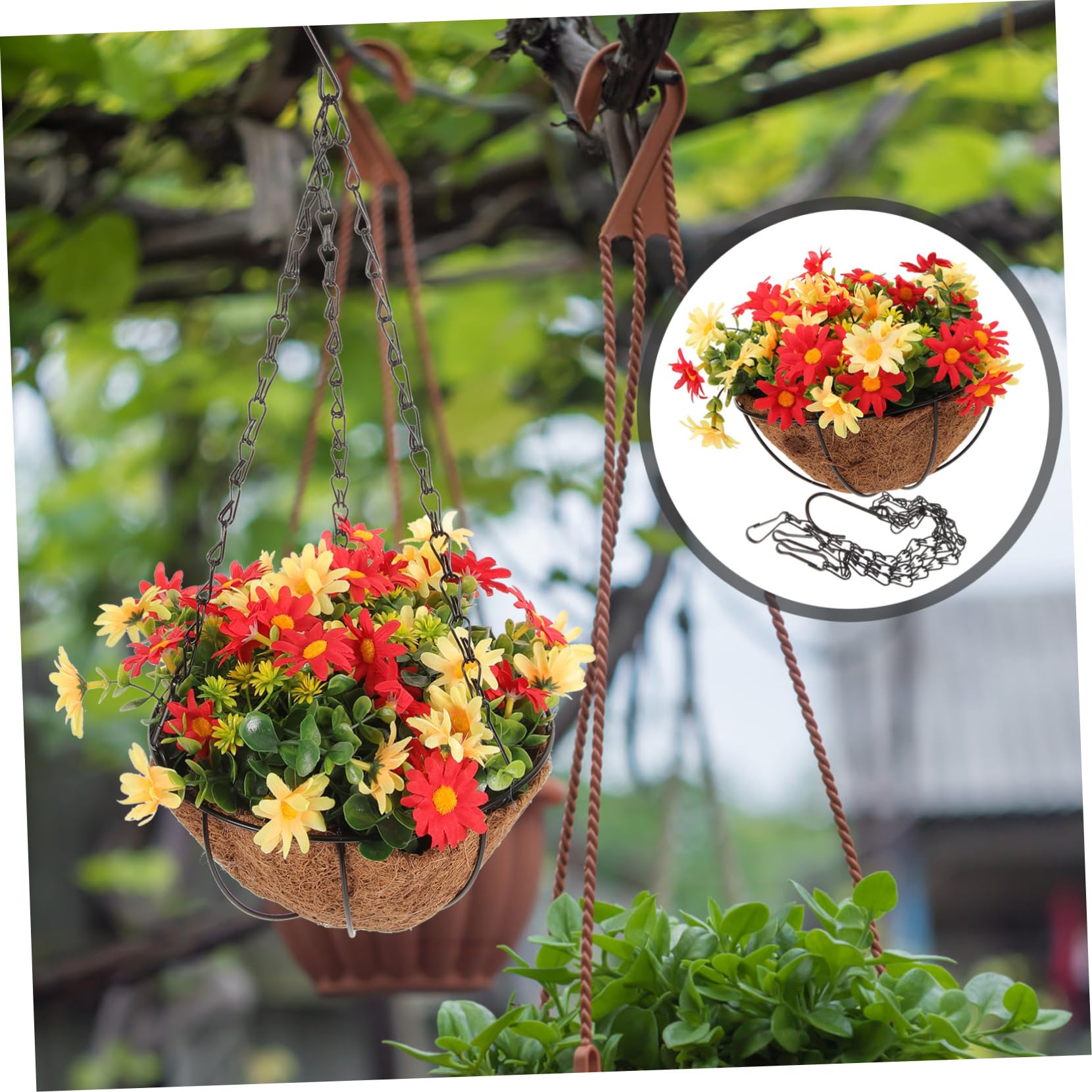 Cesto Appeso Con Fiori Artificiali Di Margherite: Decorazione In Noce Di Cocco Per Esterni, Balcone E Giardino, Viola Melanzana