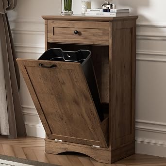 AHB 13 Gallons Tilt Out Trash Cabinet Hidden Trash Can Cabinet Freestanding Garbage Recycling Cabinet with Hideaway Drawer Pet Proof Trash Bin for Kitchen Living Room, Vintage Oak
